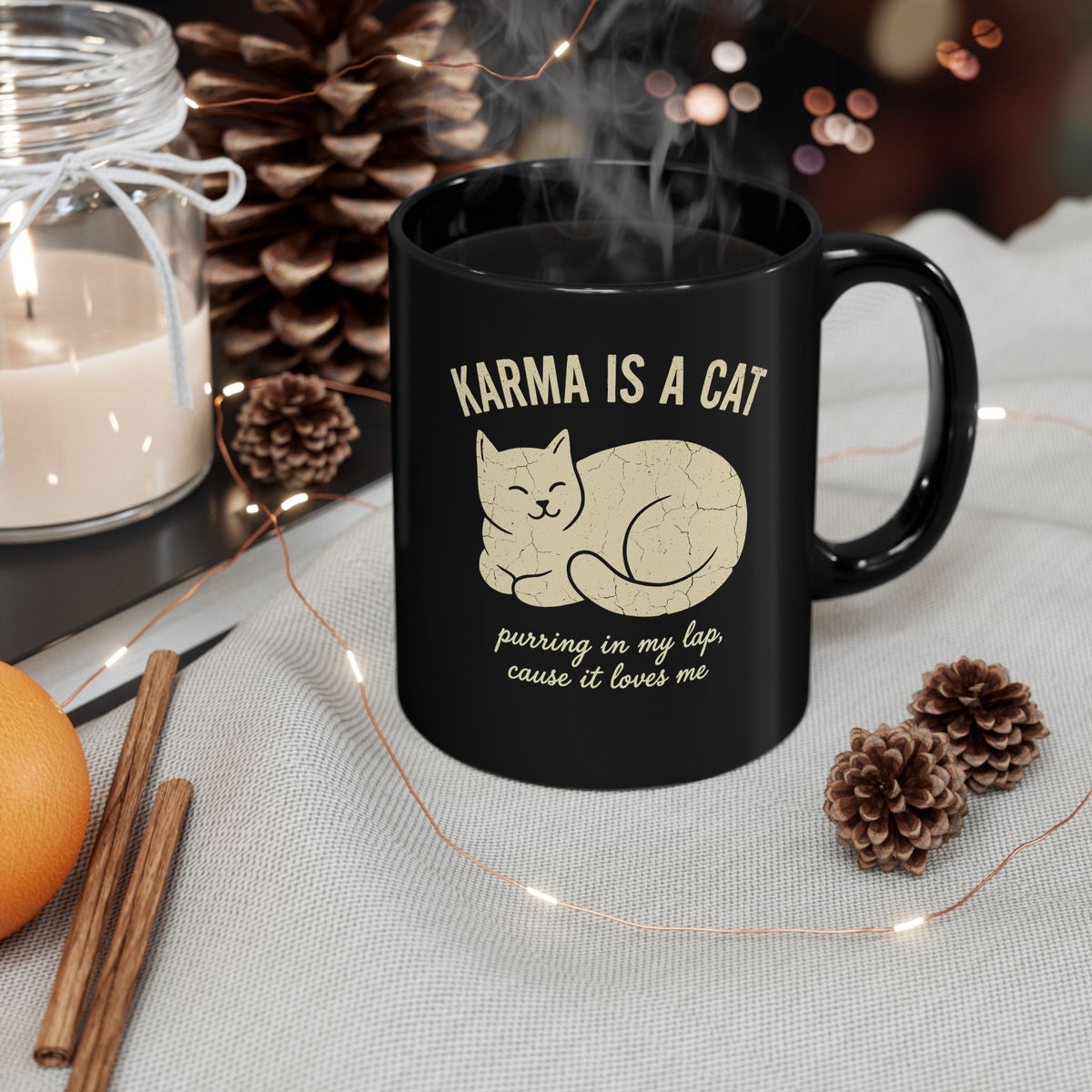 Karma Is A Cat Black Mug
