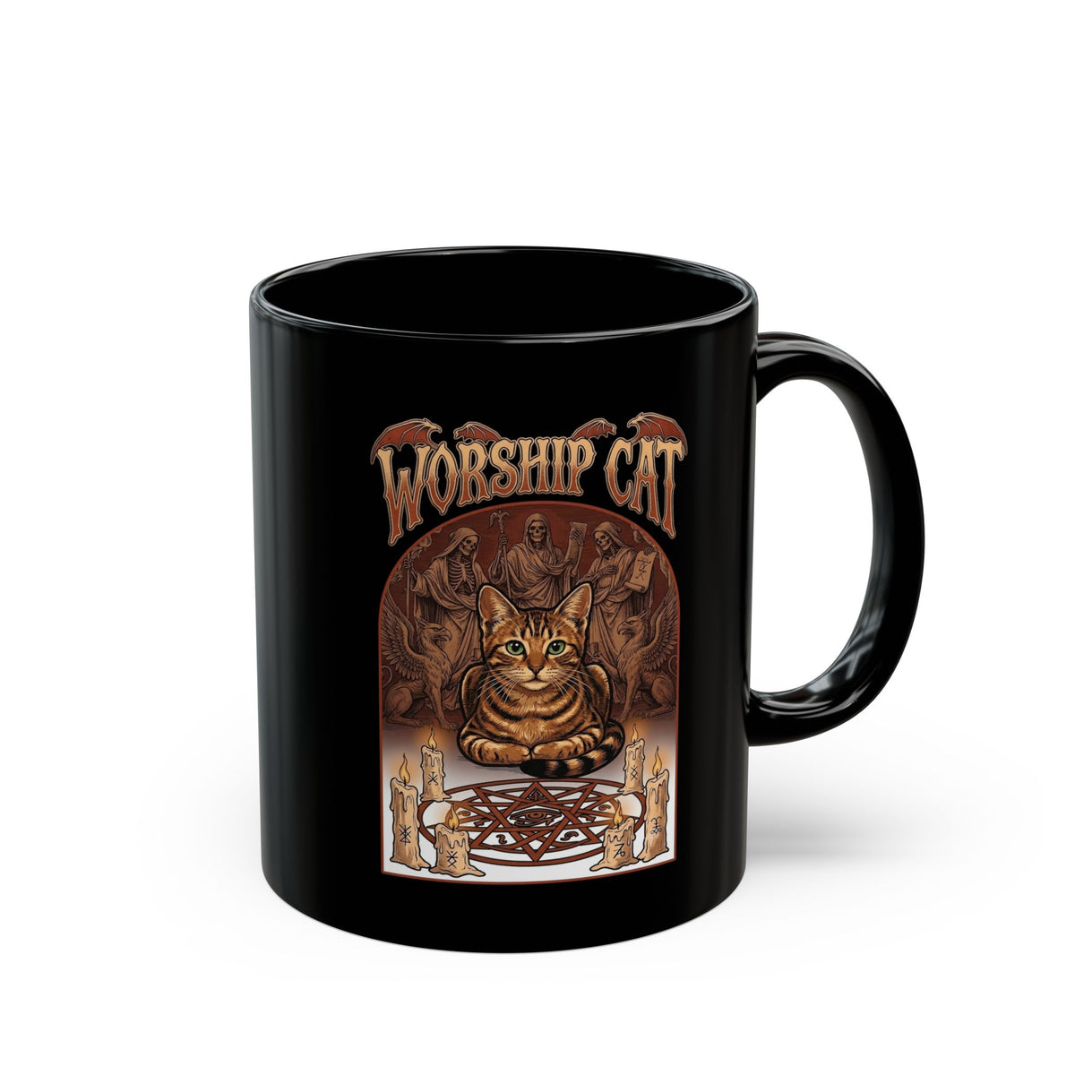 Worship Cat Black Mug — Cute Cat Faith Graphic Mug