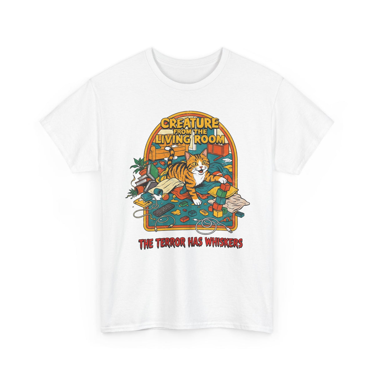 Cozy Living Room Cat Tee — Retro Sunlit Illustration Graphic Shirt