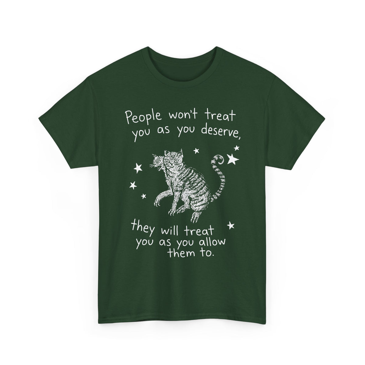 Two-Headed Tabby Cat T-Shirt — "People Won't Treat You As You Deserve" Gothic Woodcut Tee