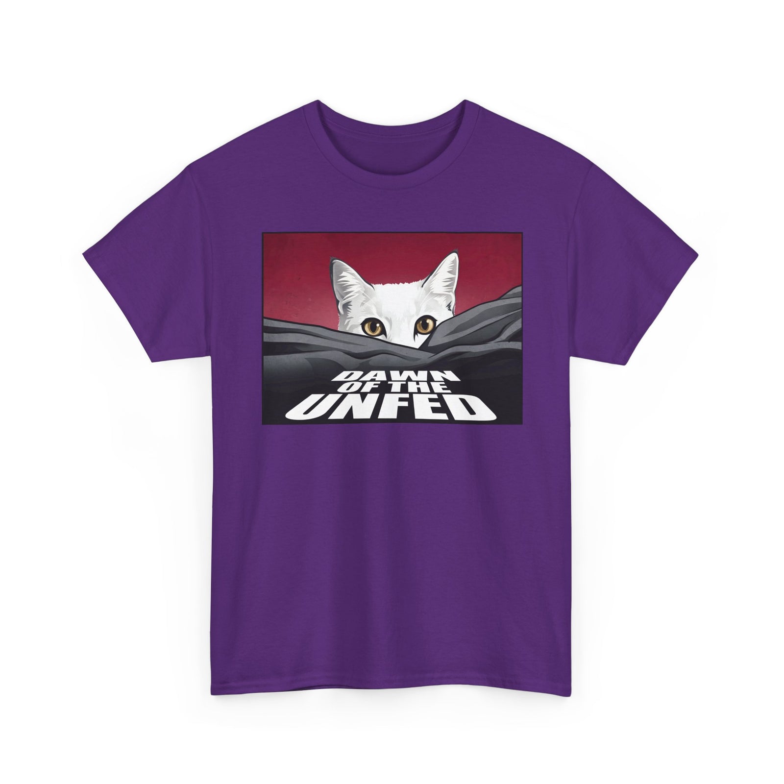 Dawn of the Unfed T-Shirt — Funny White Cat Horror Movie Parody Tee