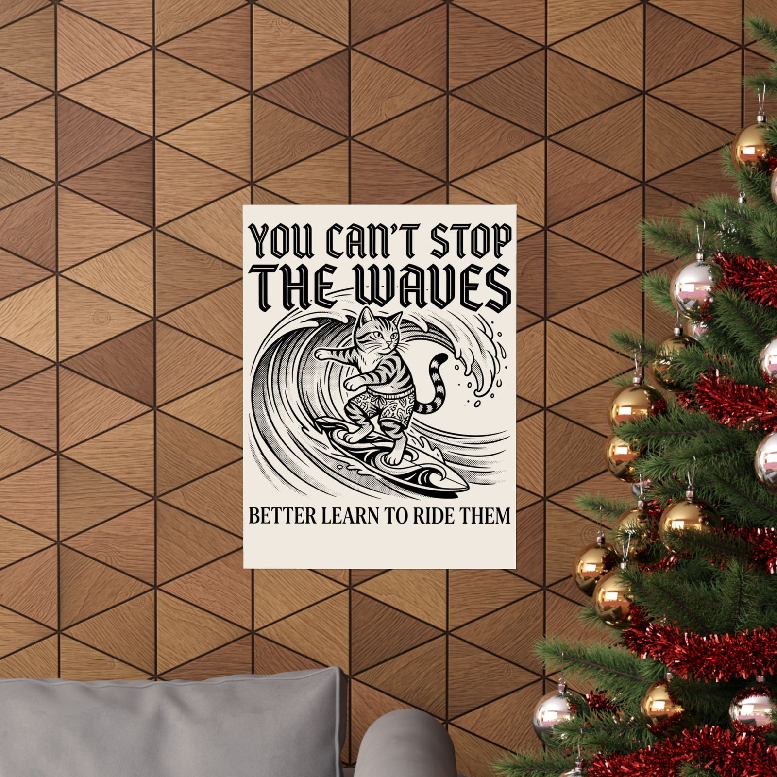 Vintage Surfer Cat Poster — Monochrome Ocean Waves Graphic Poster