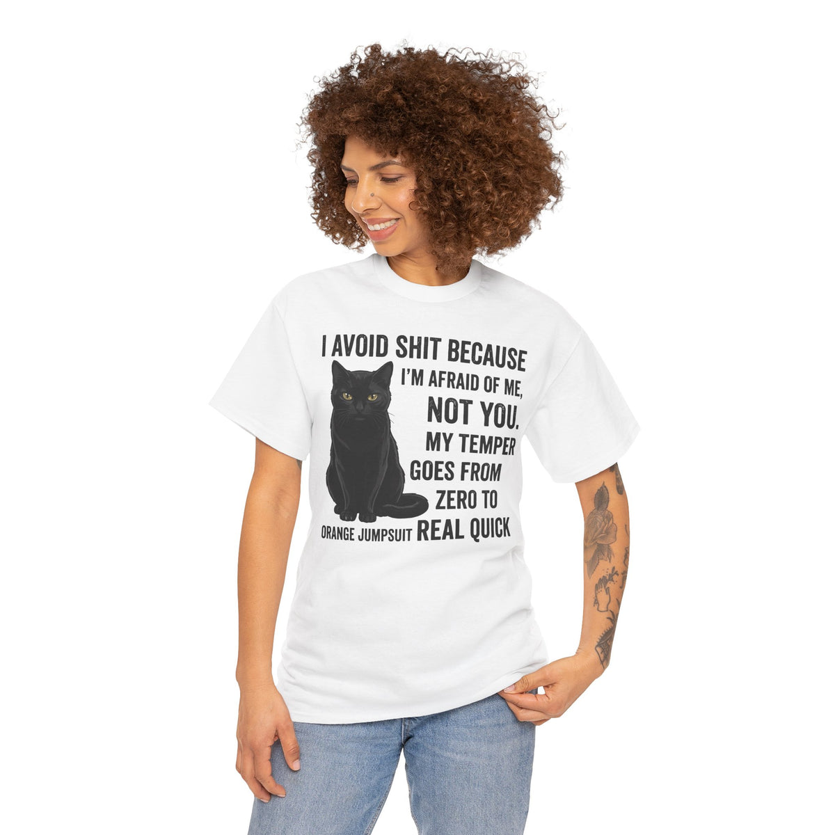 Cat Attitude T‑Shirt — "I Avoid Shit Because I’m Afraid of Me" Graphic Tee