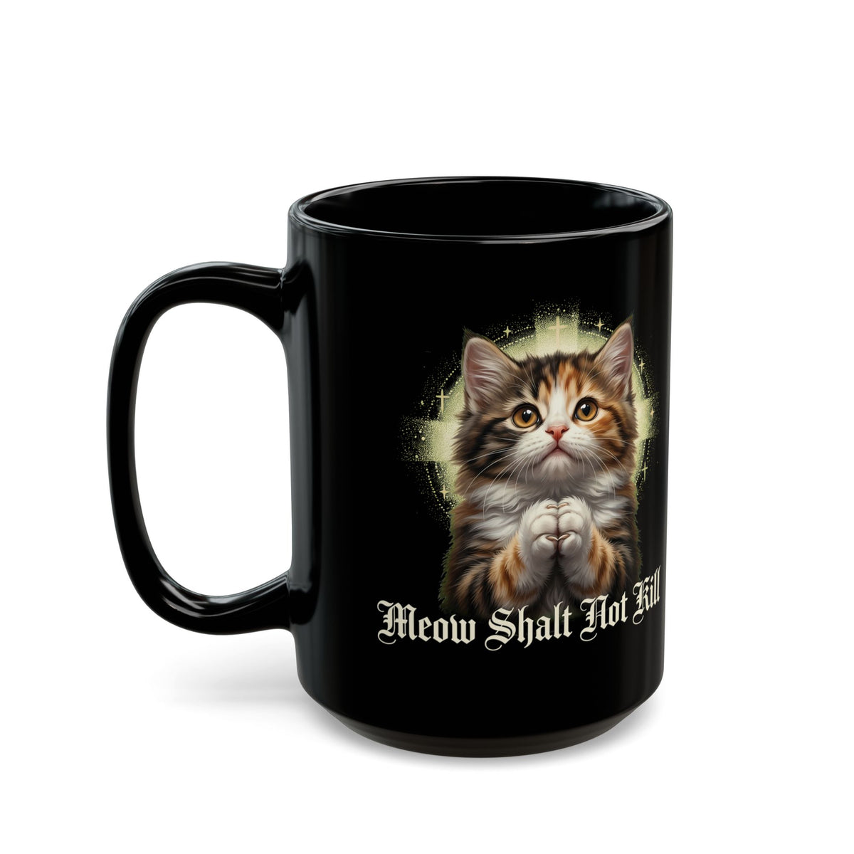 Praying Kitten T‑Mug — "Meow Shalt Not Kill" Cute Vintage Cat Mug