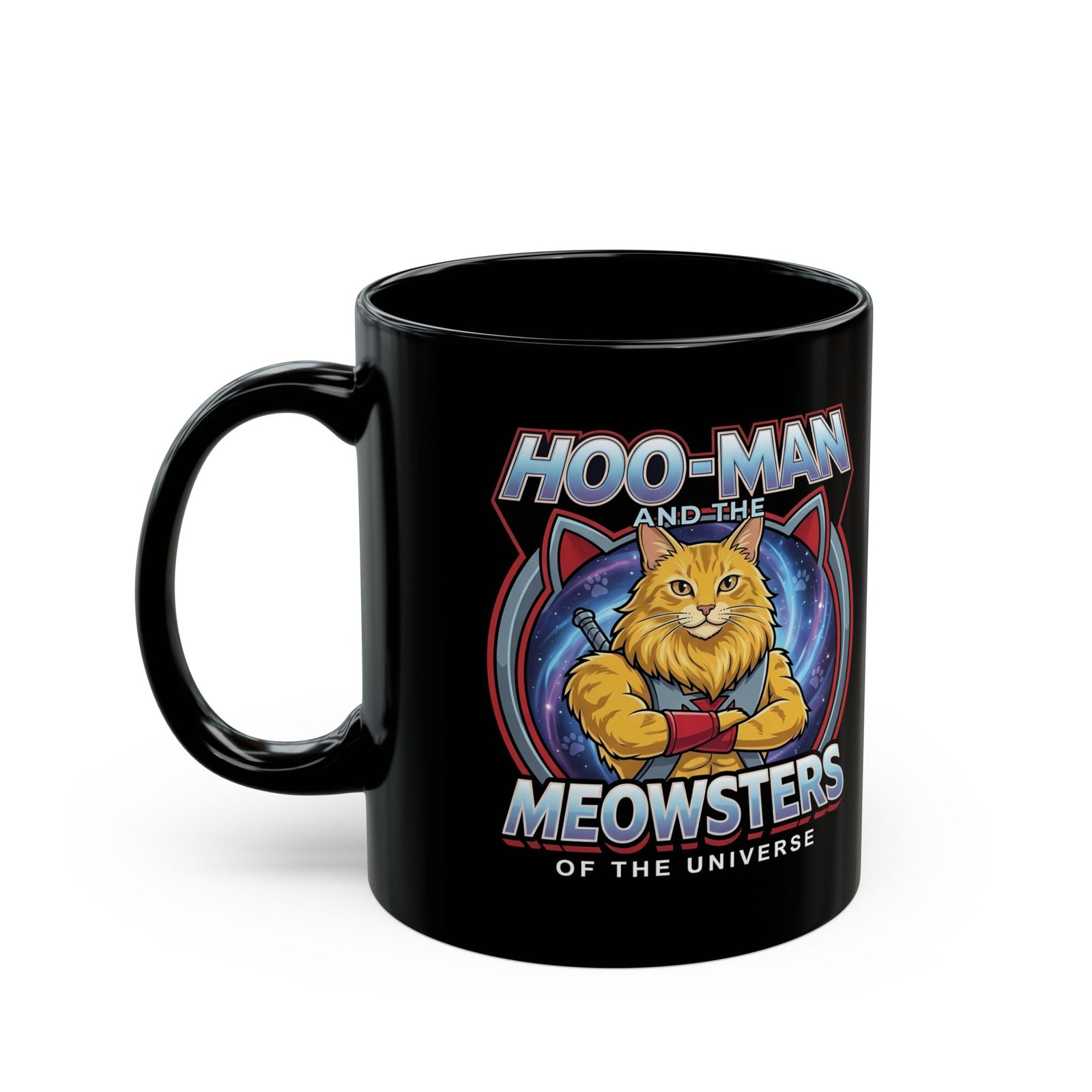 Hoo-Man and the Meowsters of the Universe Black Mug