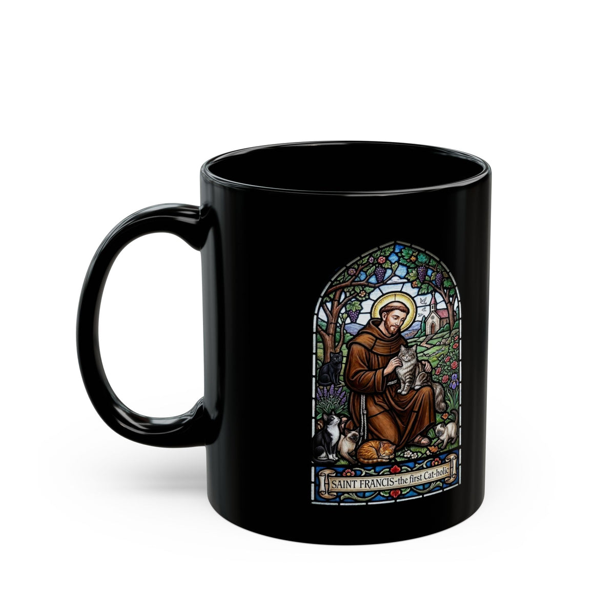 Saint Francis Cat Black Mug — "SAINT FRANCIS — the first Cat-holic"