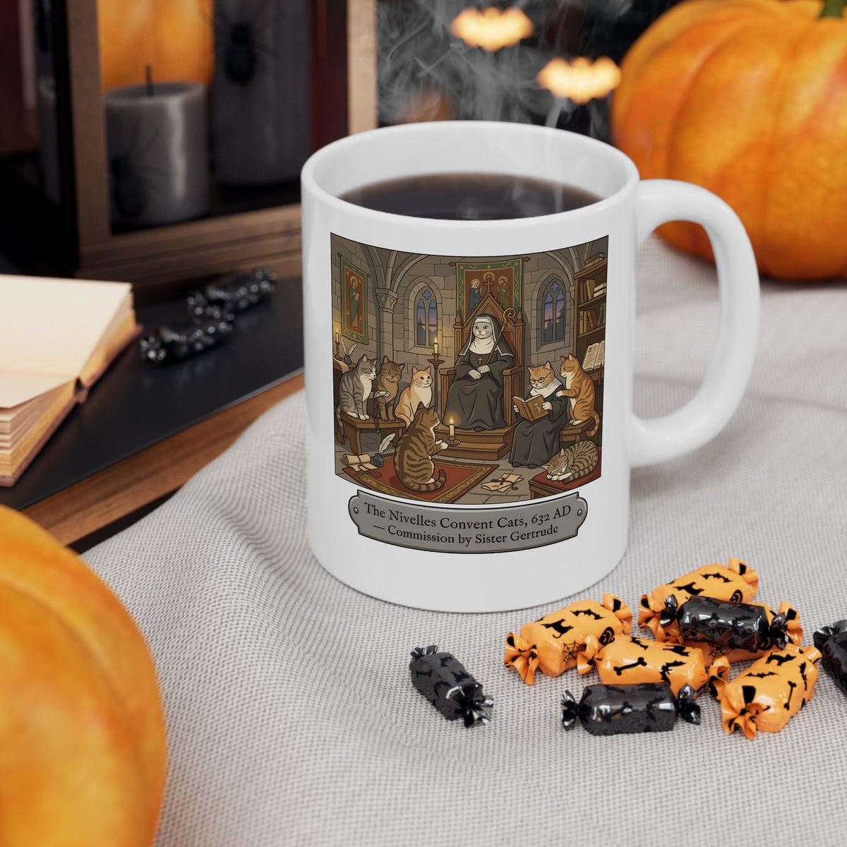 Nivelles Convent Cats Ceramic Mug — Vintage-Inspired Cat Illustration Mug