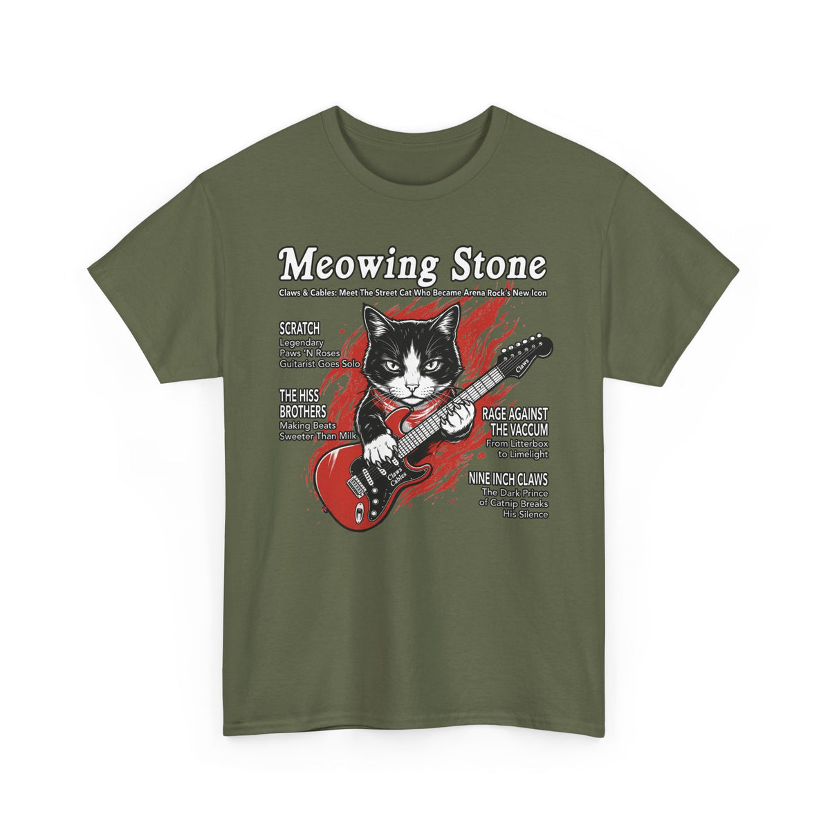 Meowing Stone Guitar Cat T-Shirt — Rock Band Cat Graphic Tee