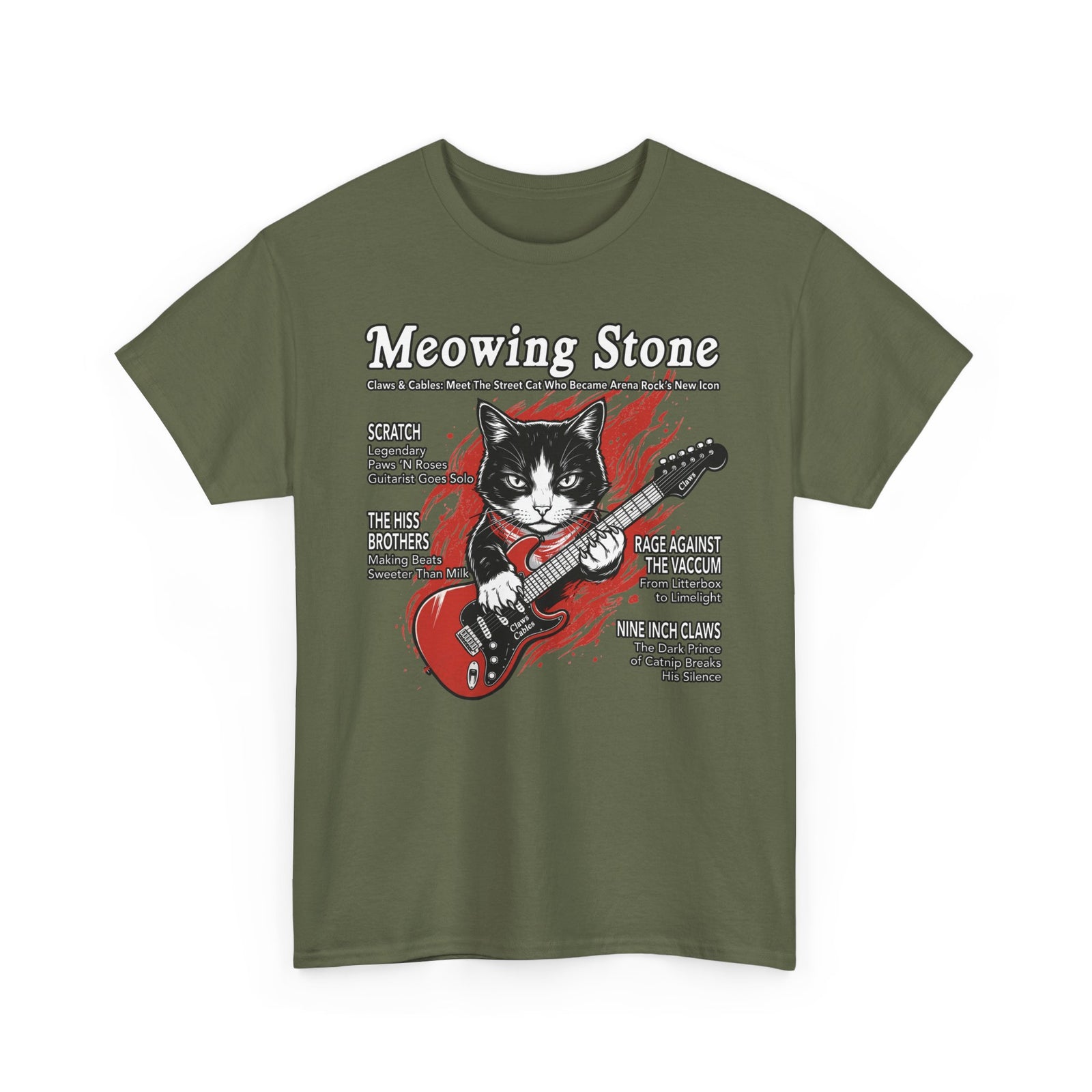 Meowing Stone Guitar Cat T-Shirt — Rock Band Cat Graphic Tee