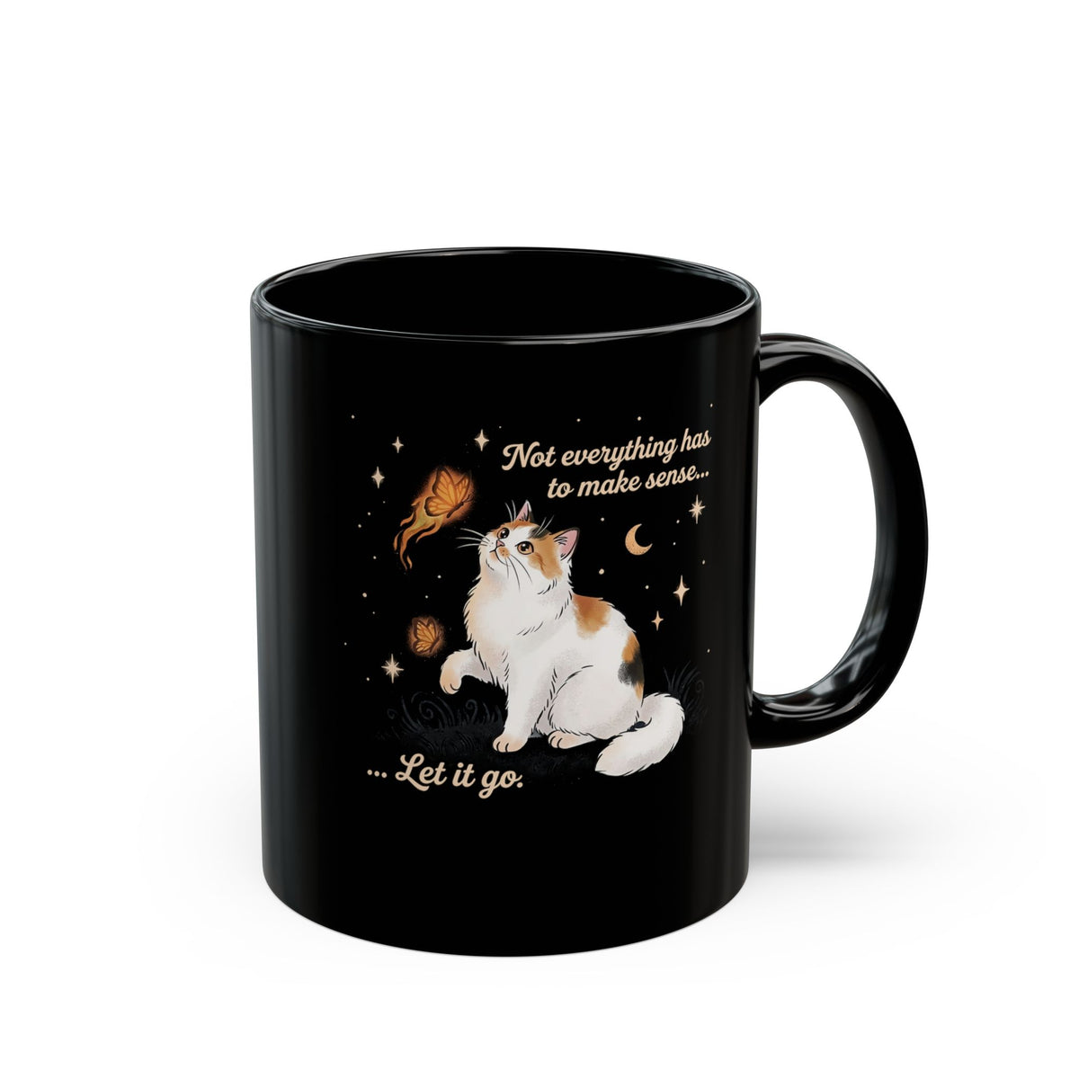 Vintage Whimsical Cat Black Mug — Spiritual Quote Graphic Mug