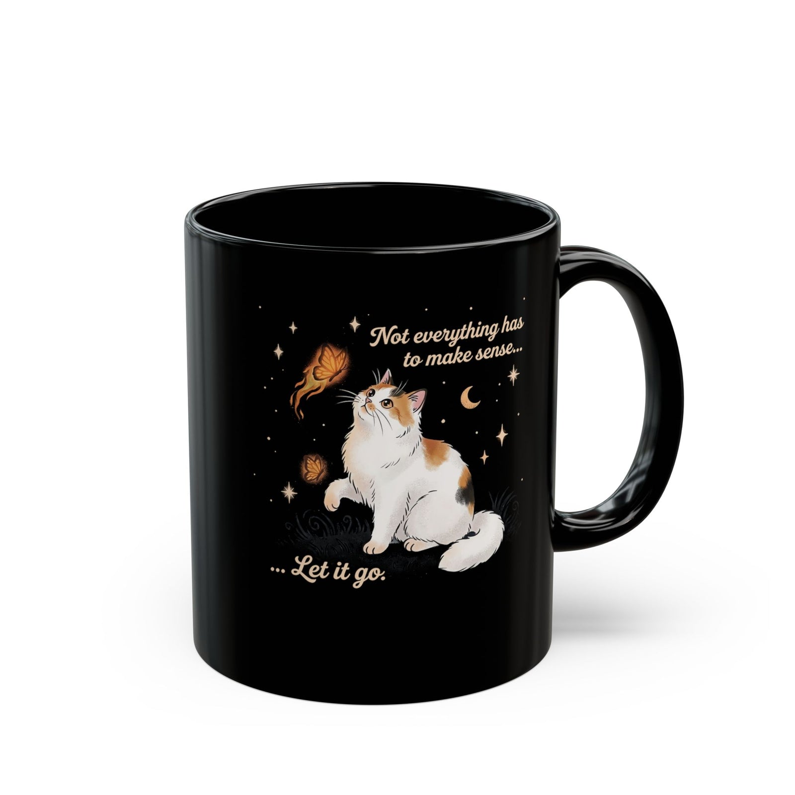 Vintage Whimsical Cat Black Mug — Spiritual Quote Graphic Mug
