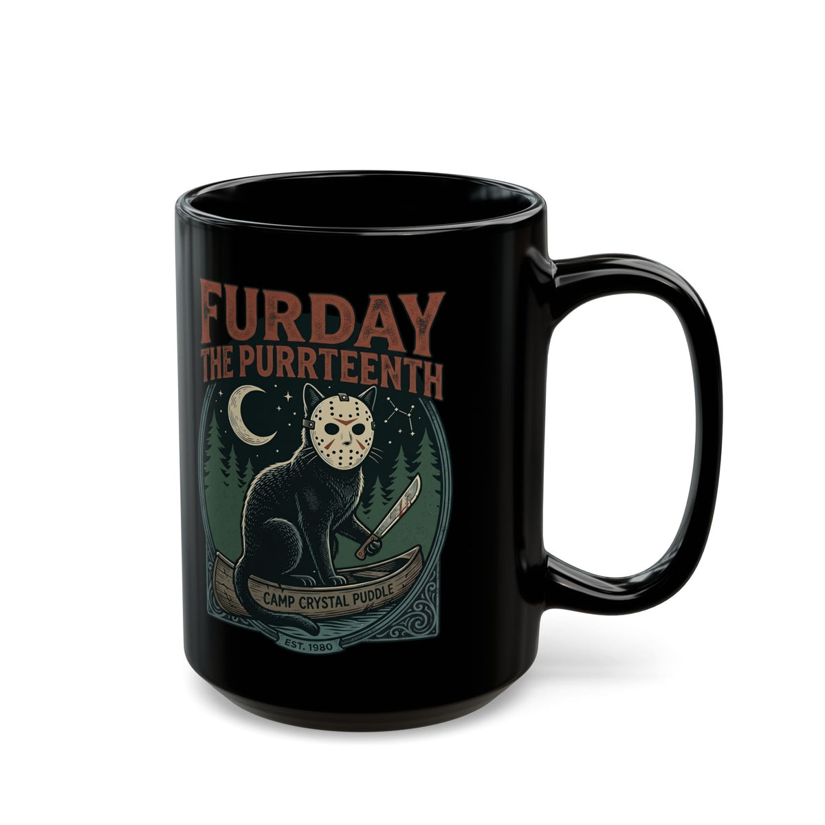 Horror Cat "Furday the Purrteenth" Black Mug