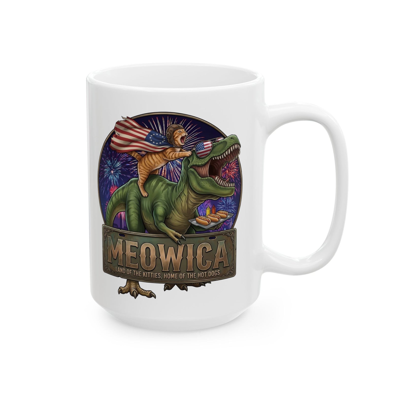 4th of July Cat Riding T‑Rex T‑Mug "Meowica: Land of the Kitties" Patriotic Graphic