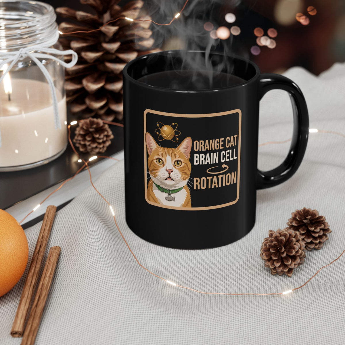 Orange Cat Brain Cell Rotation Black Mug