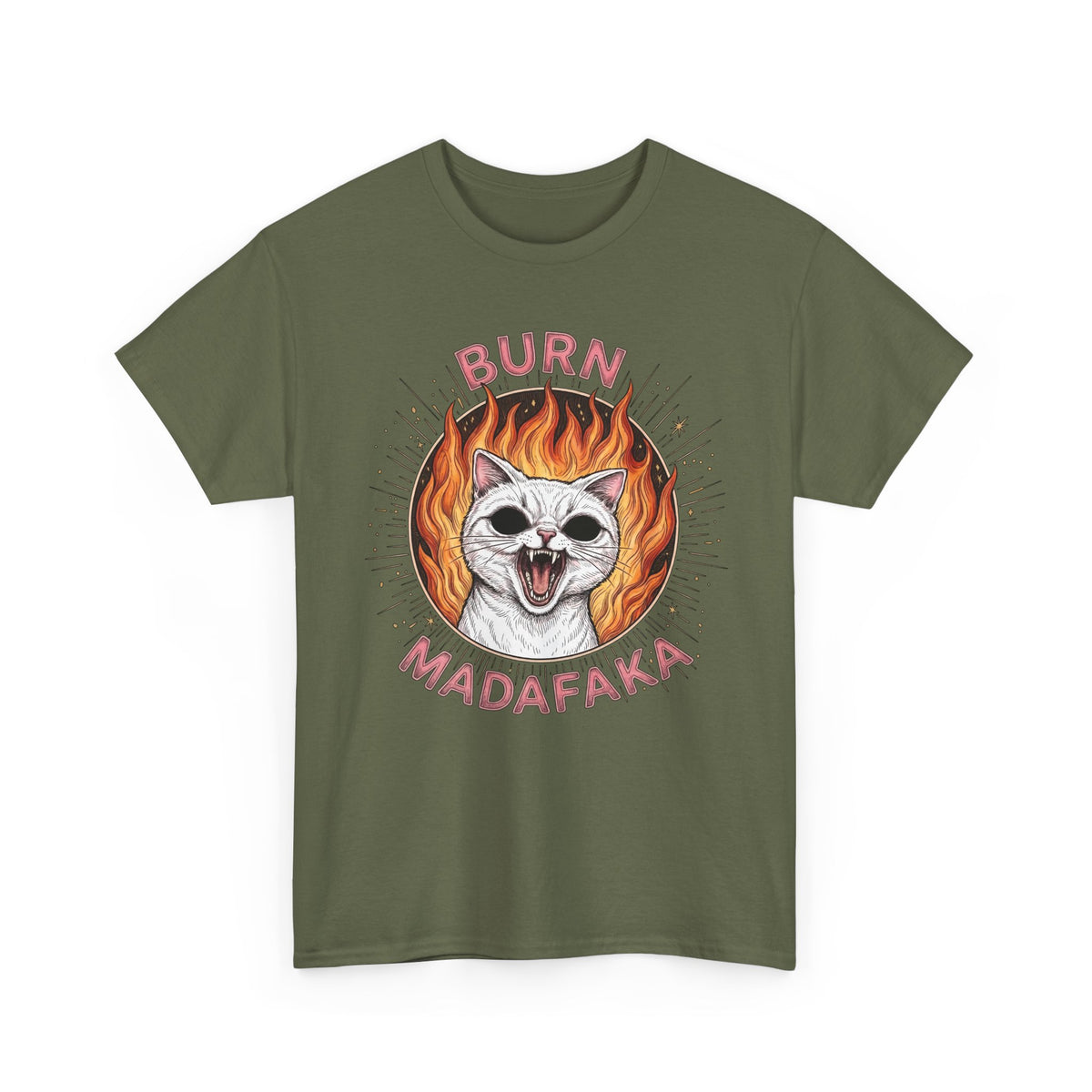 Burn Madafaka Cat T-Shirt — Edgy Hellfire Feline Graphic Tee
