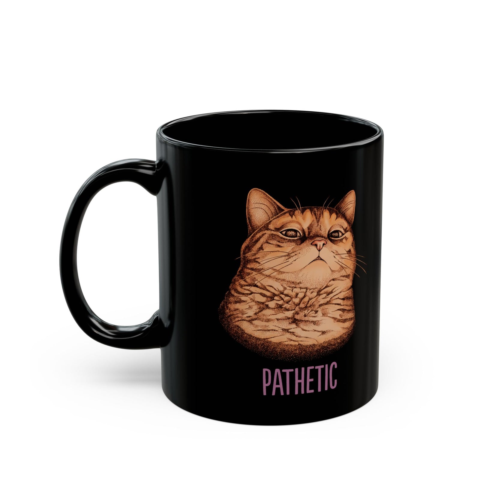Pathetic Judgmental Cat Black Mug — Funny Orange Tabby Meme Graphic Mug