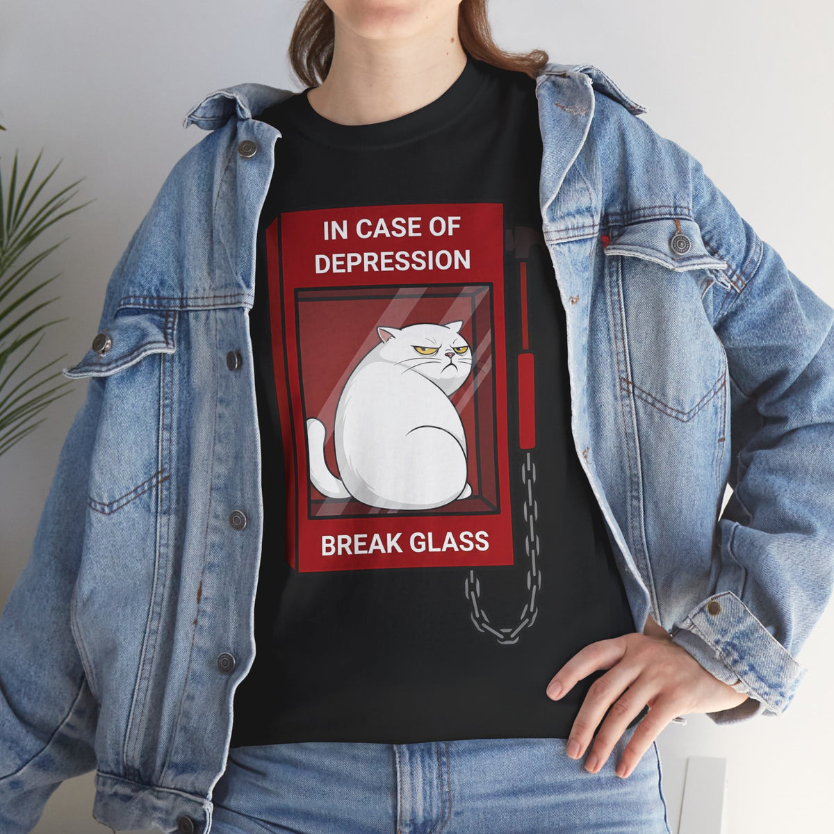 In Case Of Depression Break Glass T-Shirt — Funny Grumpy White Cat Emergency Tee
