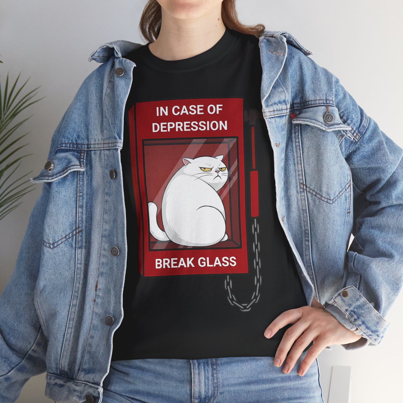In Case Of Depression Break Glass T-Shirt — Funny Grumpy White Cat Emergency Tee