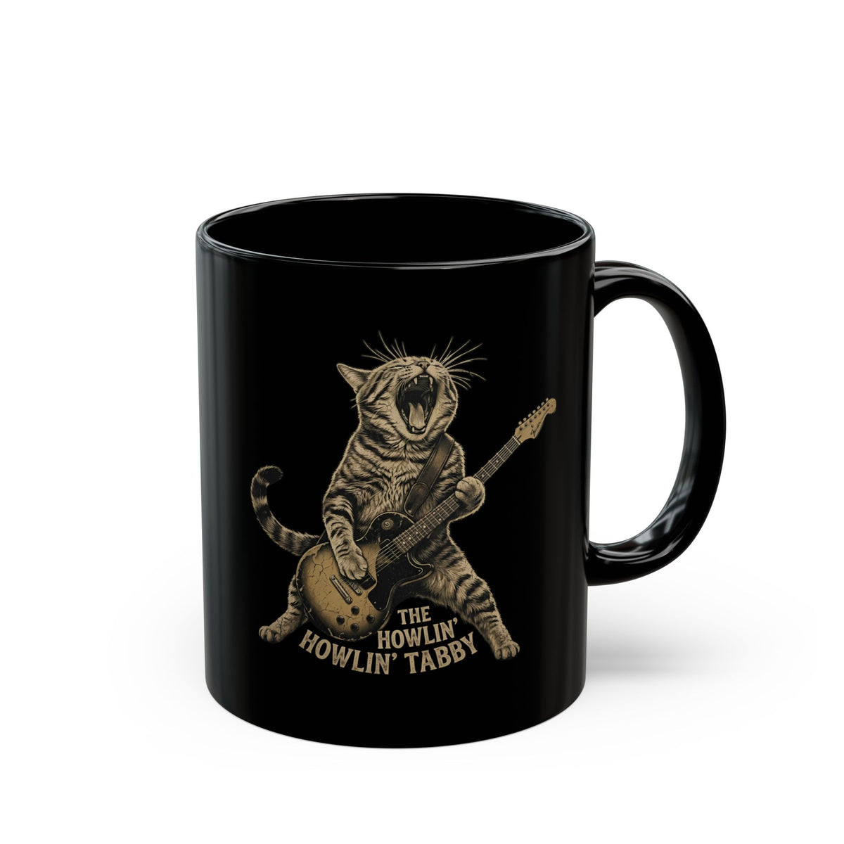 Howlin' Howlin' Tabby Black Mug — Retro Cat Graphic Mug