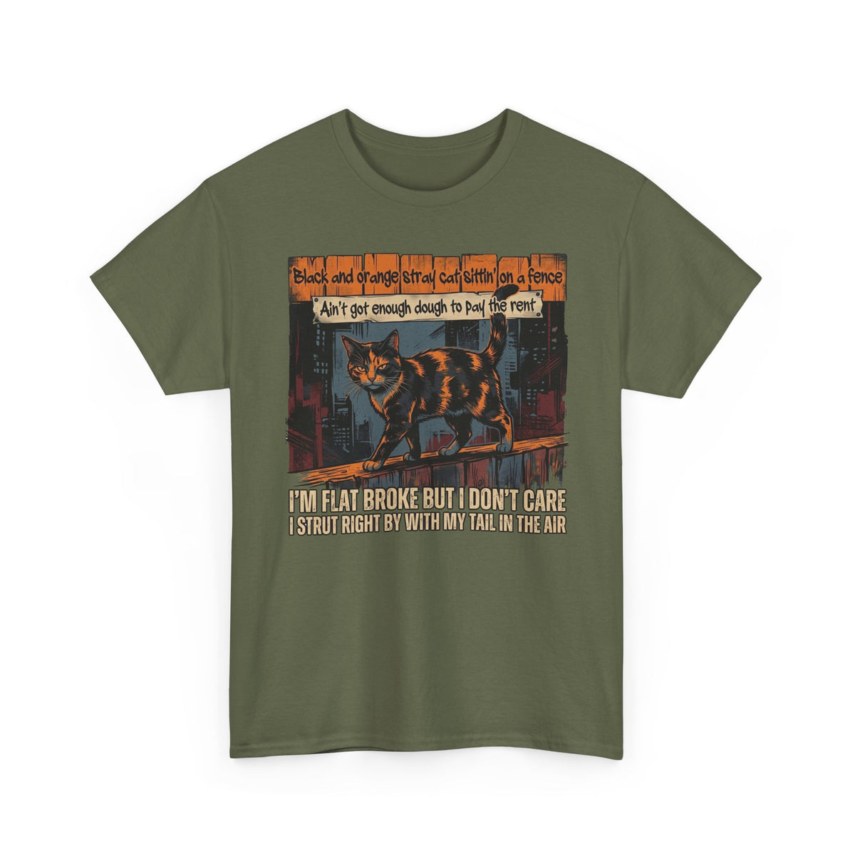 Funny Broke Cat T-Shirt - "I'm Flat Broke But I Don't Care" Graphic Tee