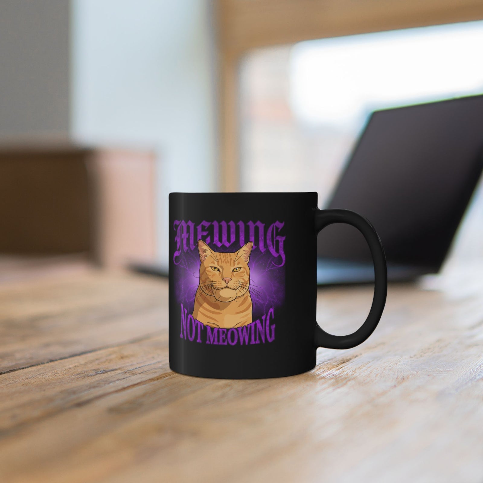 Mewing Not Meowing Cat Black Mug