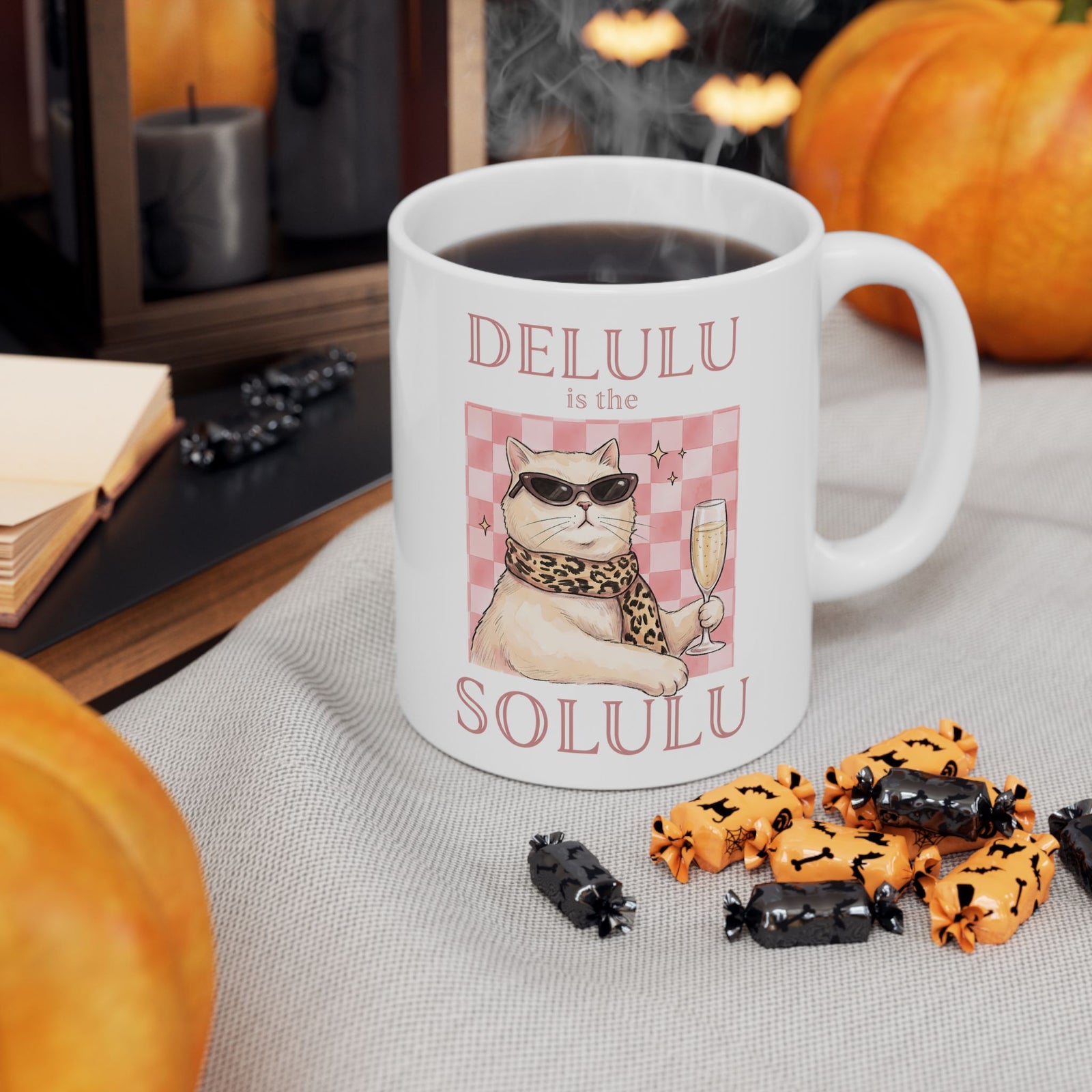 Delulu Is The Solulu Ceramic Mug — Funny Sassy Cat Champagne Graphic Mug