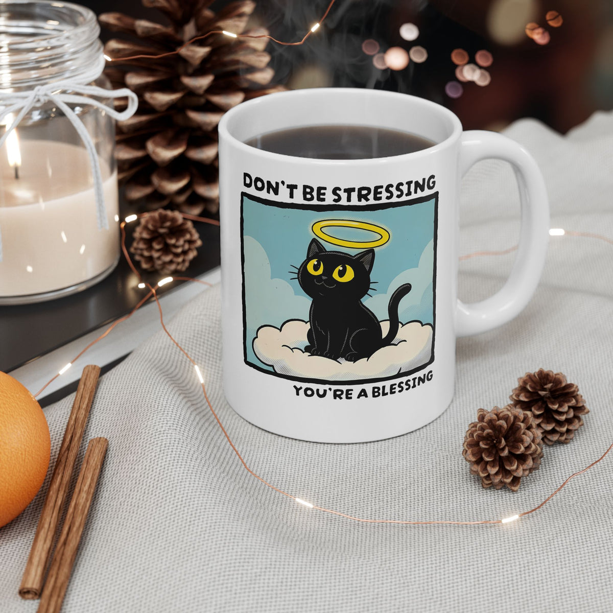 Funny Black Cat Angel Ceramic Mug “Don’t Be Stressing You’re a Blessing” Cute Cat Graphic Mug