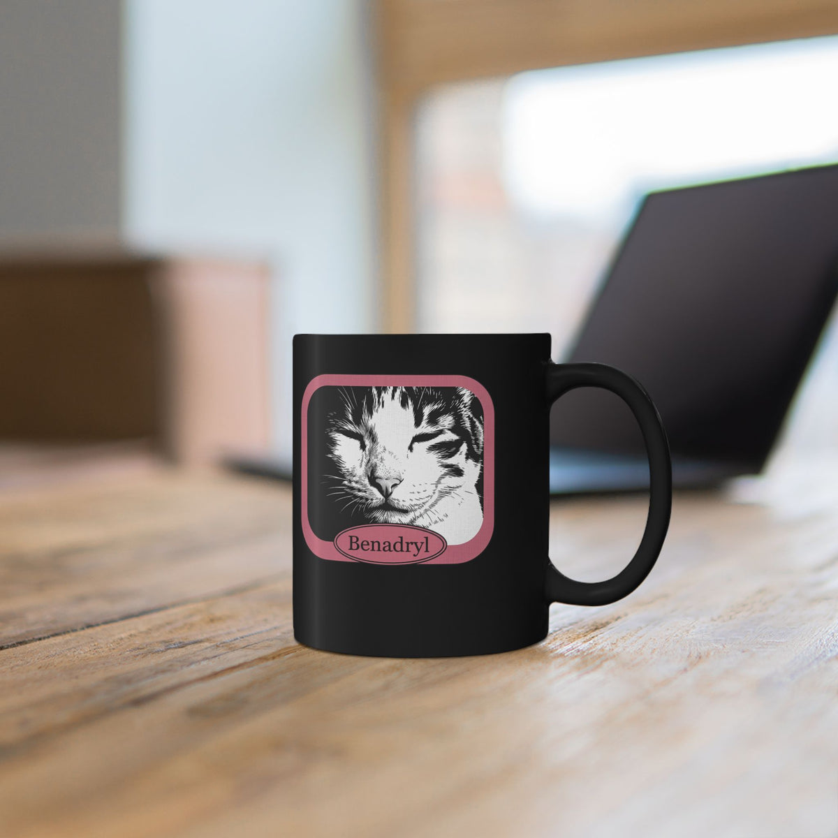 Cat After Benadryl Black Mug — Funny Groggy Cat Mug