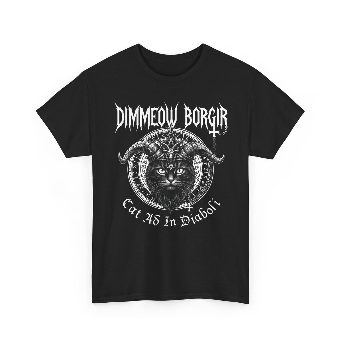 Black Metal Cat T-Shirt — "Dimmeow Borgir" Gothic Cat Band Tee