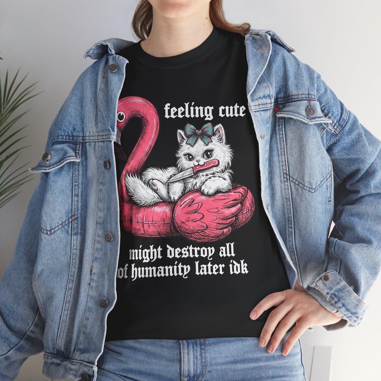 Feeling Cute Might Destroy Humanity T-Shirt — Creepy Cute Flamingo Knife Cat Tee