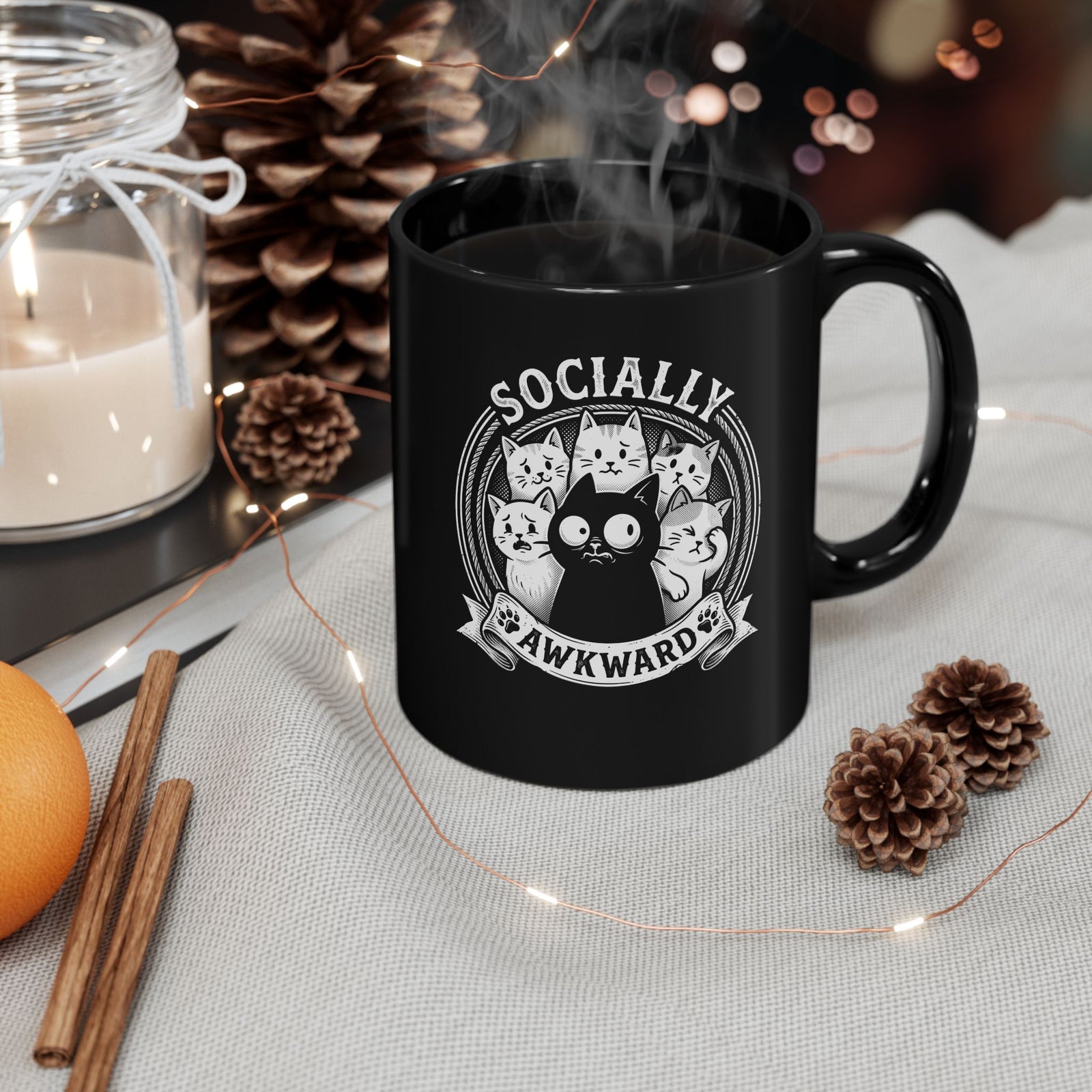 Socially Awkward Black Cat Black Mug