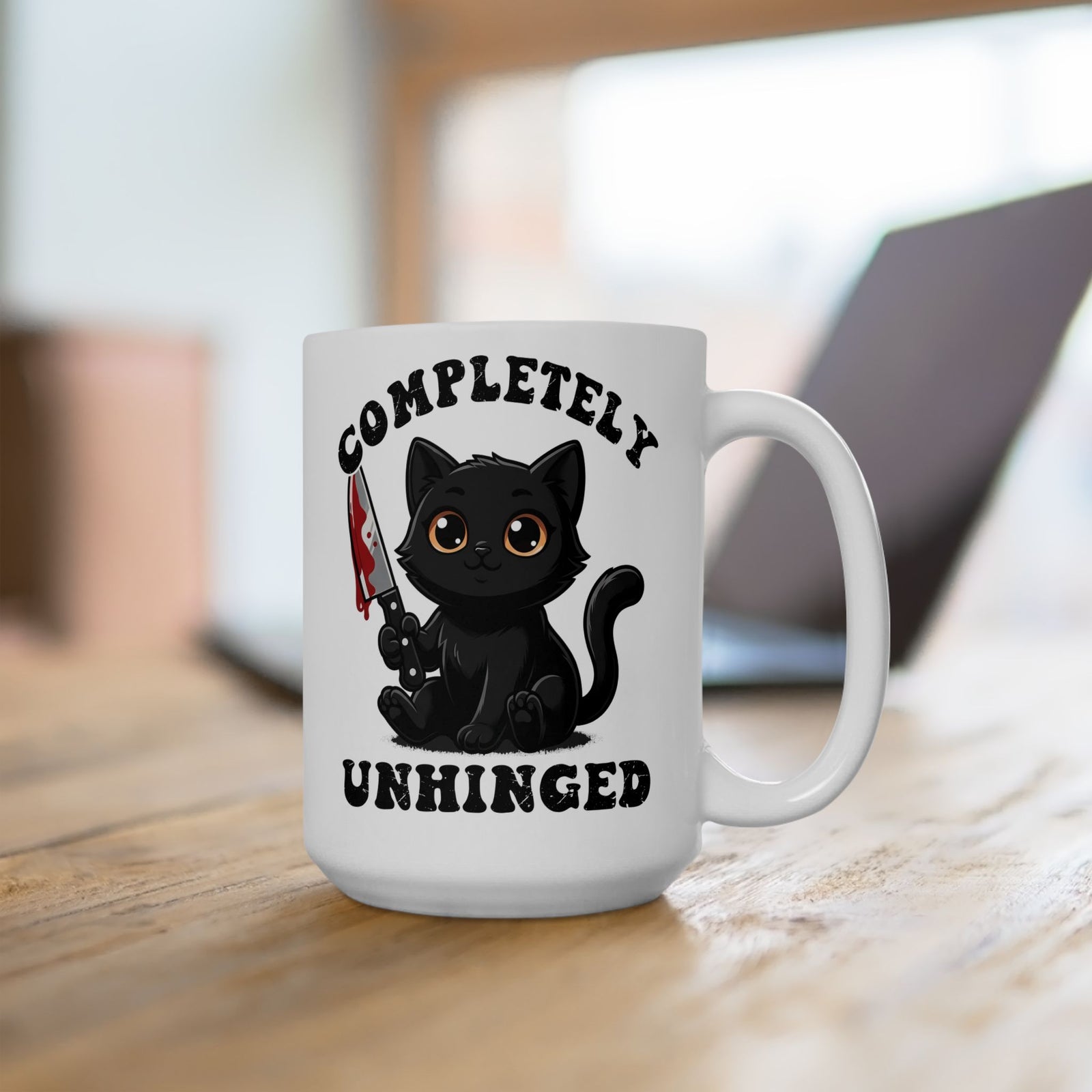 Completely Unhinged Black Cat Ceramic Mug — Funny Cute Psycho Knife Mug