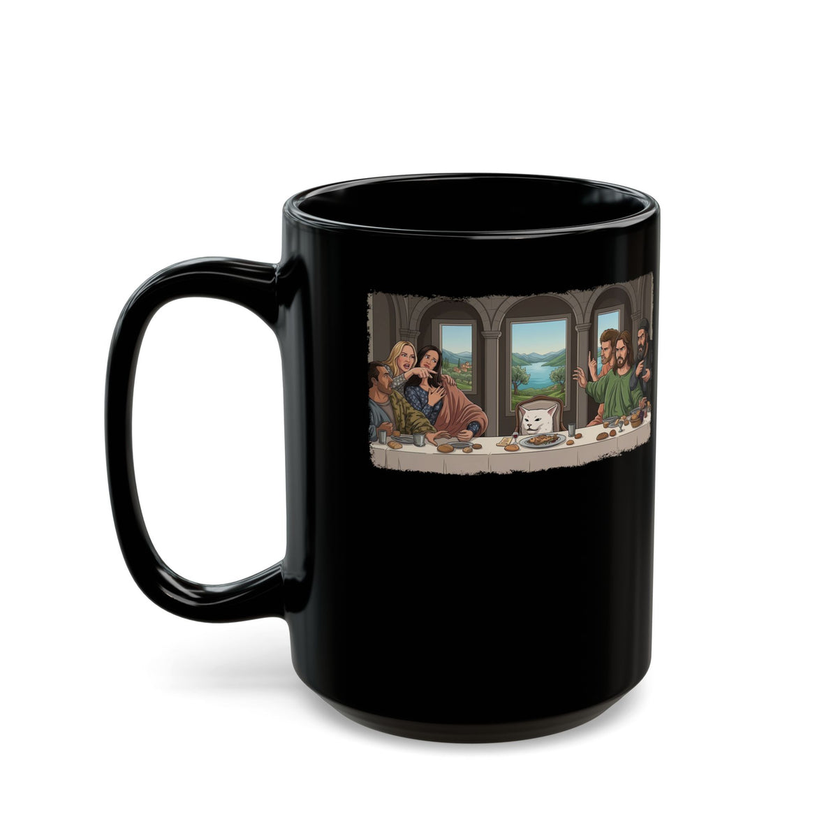 Last Supper x Woman Yelling at Cat Mug — Funny Religious Art Mashup Black Mug