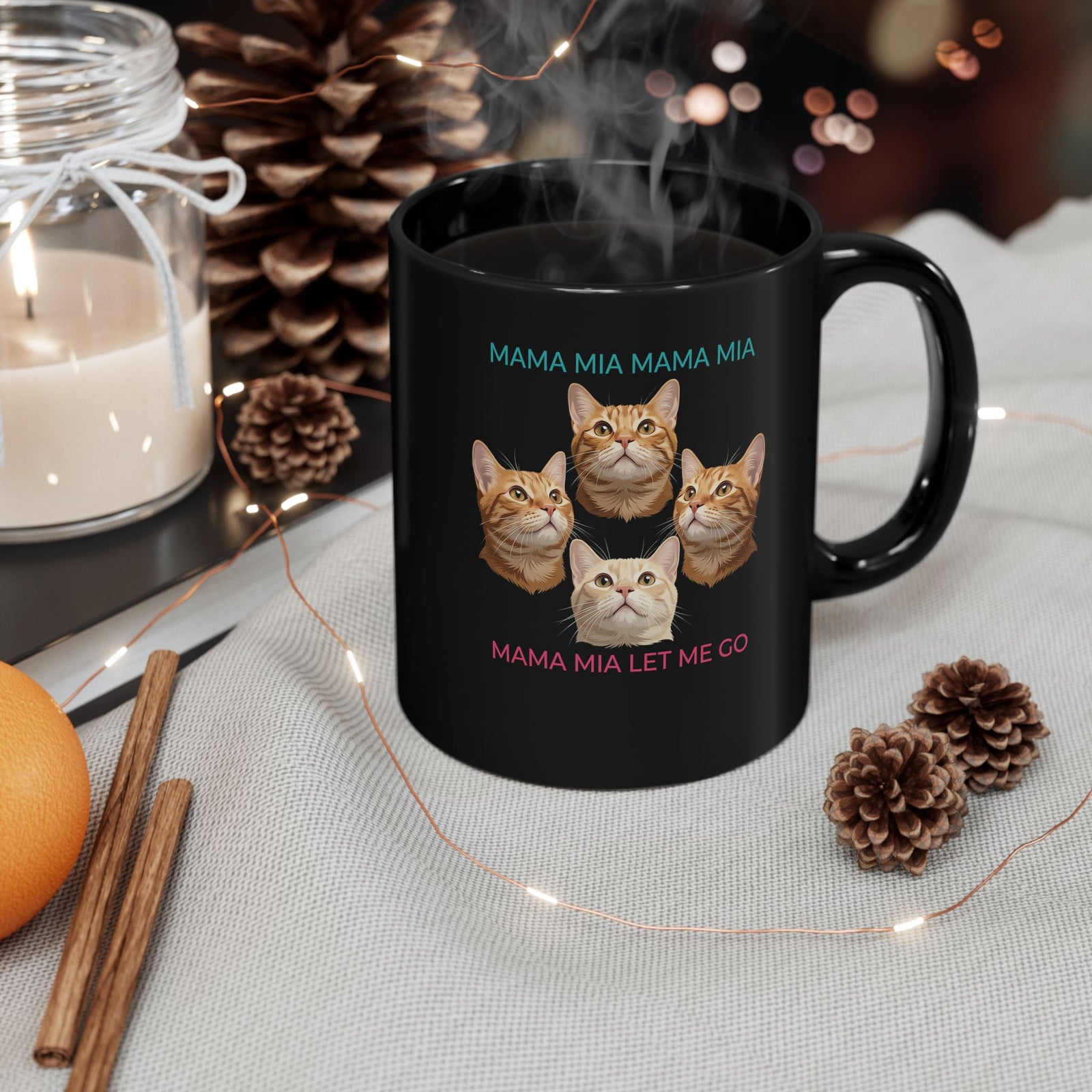 Funny Cat Rock Band Black Mug — "Mamma Mia Let Me Go" Parody