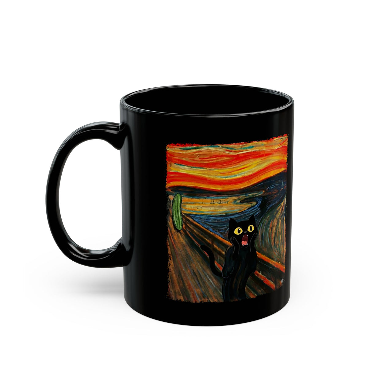 Black Cat Scream Black Mug — Cats Scared by Cucumbers Graphic Mug