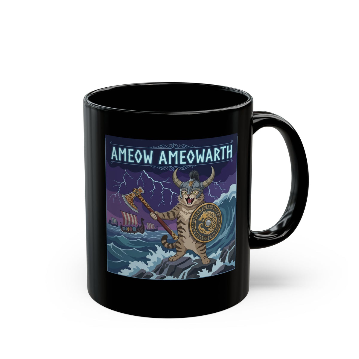 Ameow Ameowarth Cat Viking Black Mug — Funny Viking Cat Graphic Mug