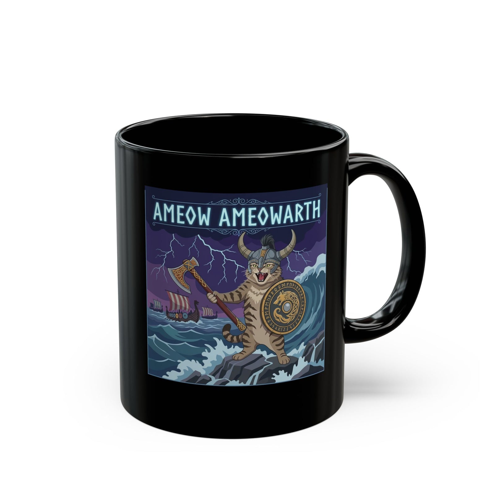 Ameow Ameowarth Cat Viking Black Mug — Funny Viking Cat Graphic Mug