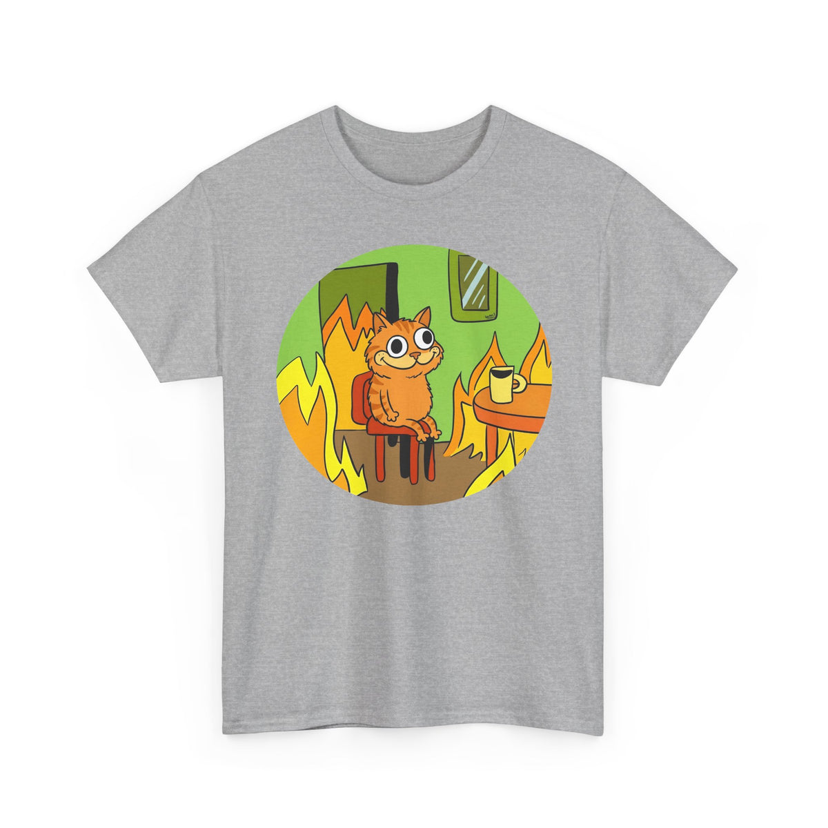 This Is Fine Orange Cat T-Shirt — Funny Meme Parody Feline Graphic Tee