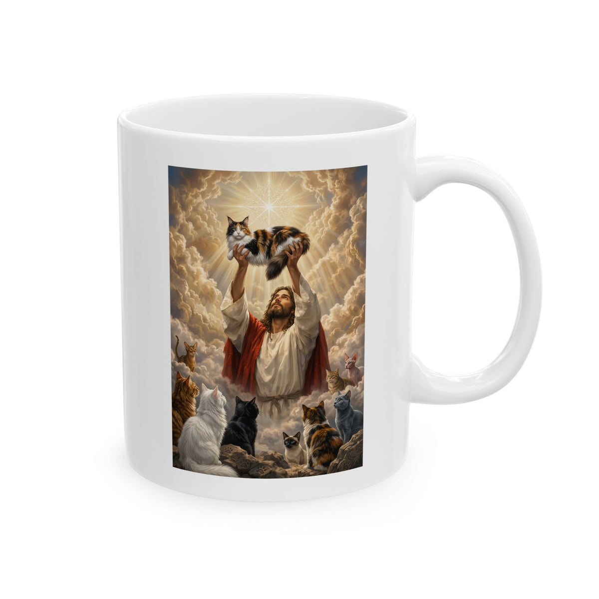 Jesus With Cats Ceramic Mug — Christian Cat Lover Mug
