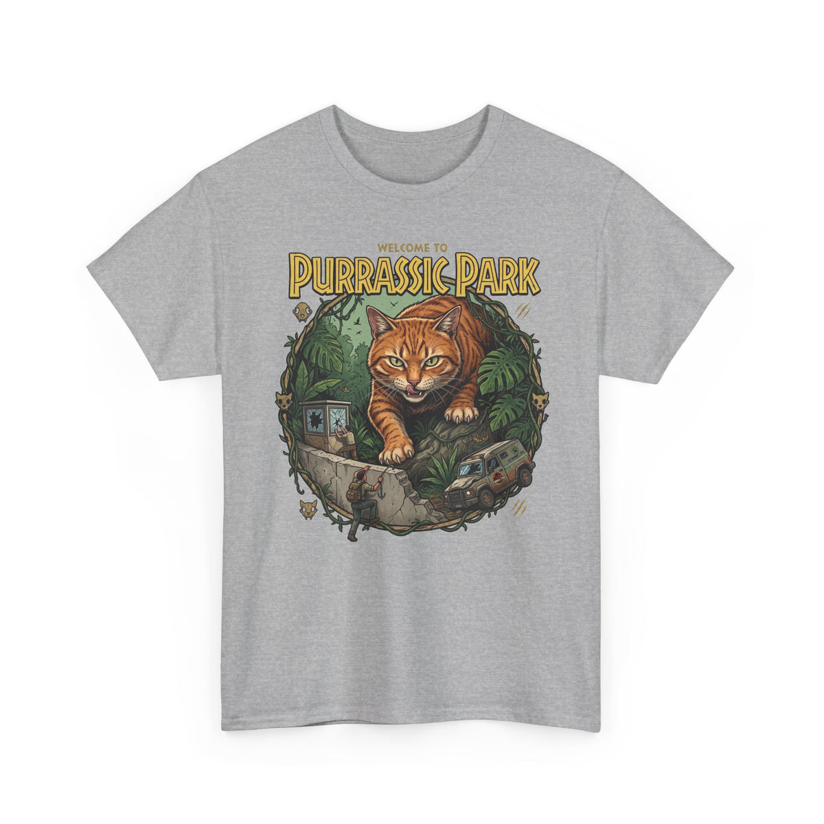 Purrassic Park Cat T‑Shirt — Retro Dino-Parody Graphic Tee