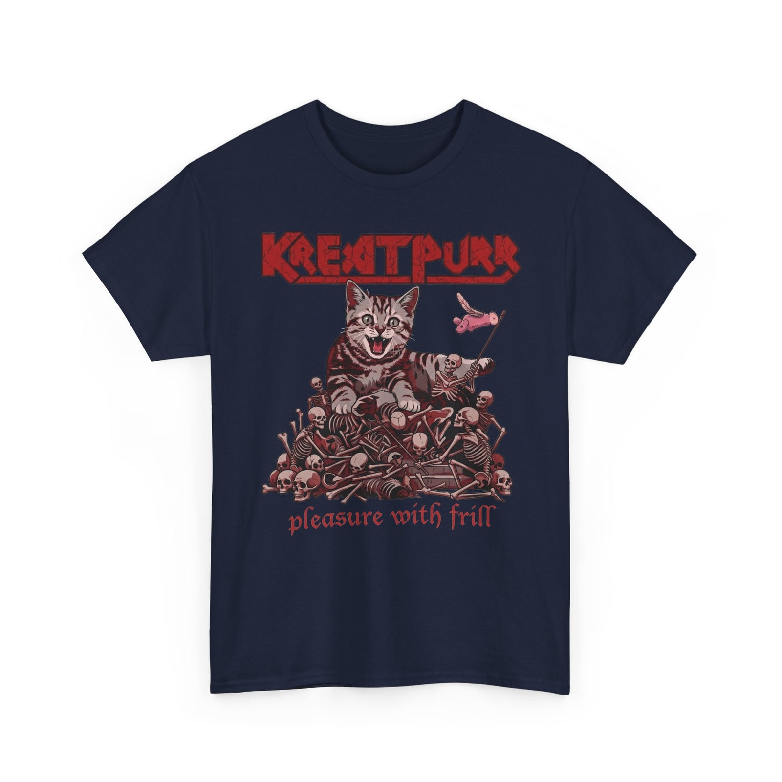 Metal Band Cat Tee — "Krentipurr: Pleasure With Frill" Graphic T-Shirt