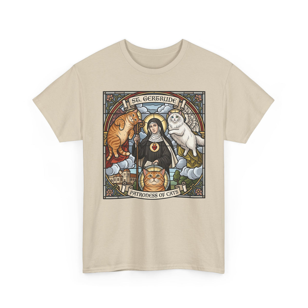 Saint of Cats T‑Shirt — "I See Herebound" Vintage Stained-Glass Cat Graphic Tee