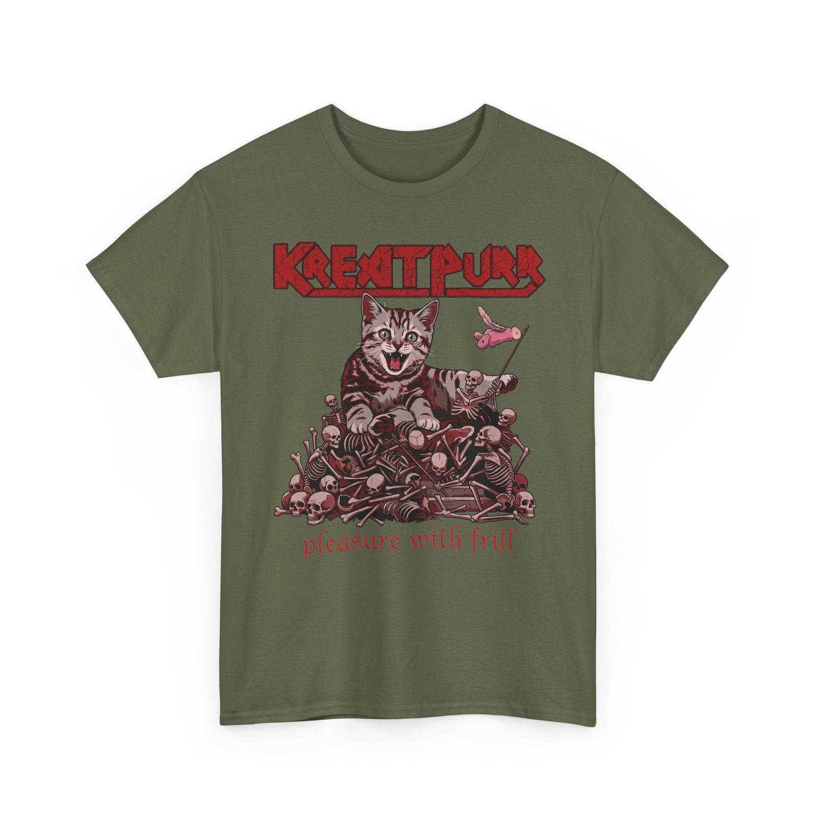 Metal Band Cat Tee — "Krentipurr: Pleasure With Frill" Graphic T-Shirt