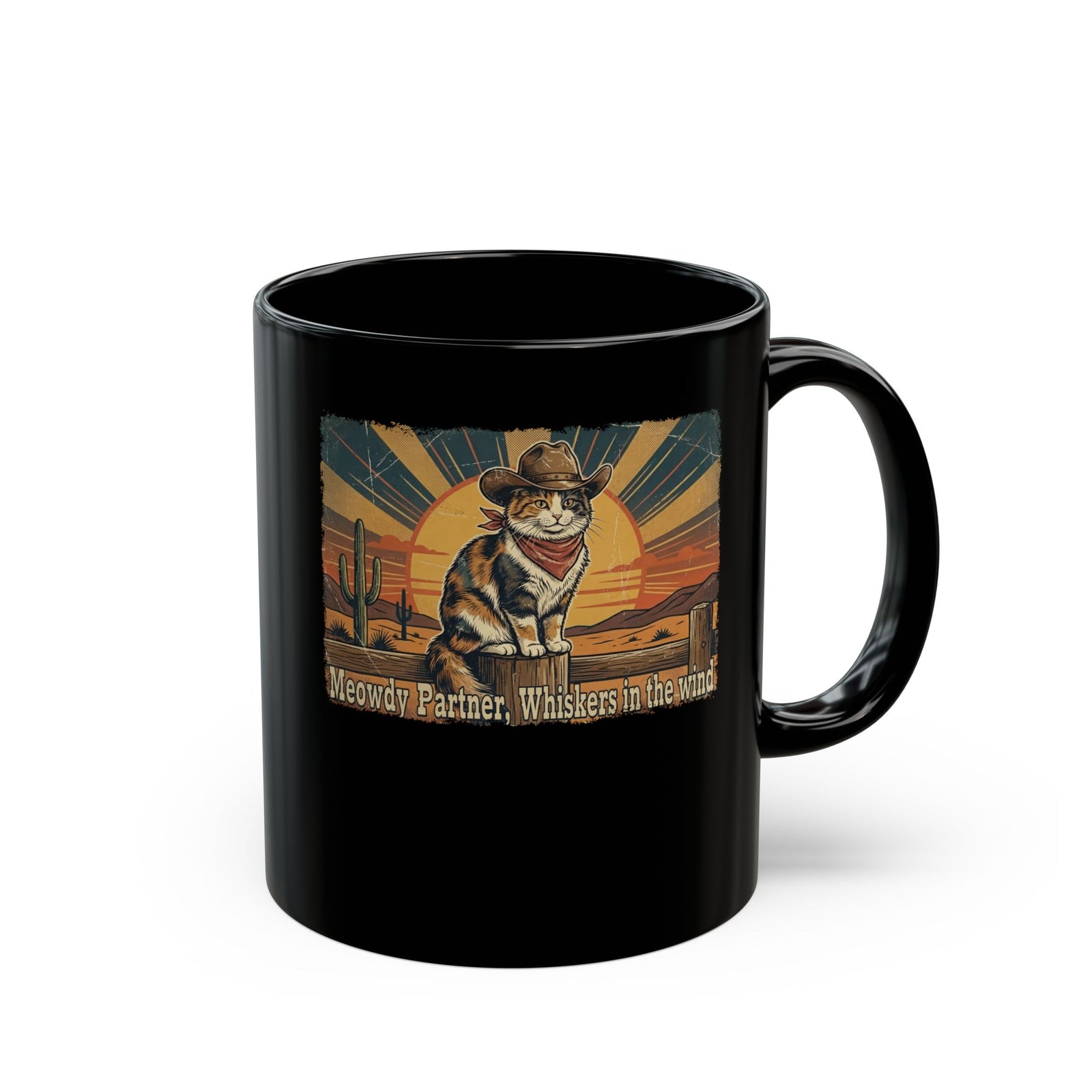 Meowdy Partner Black Mug — Cute Cat Cowboy Graphic Mug