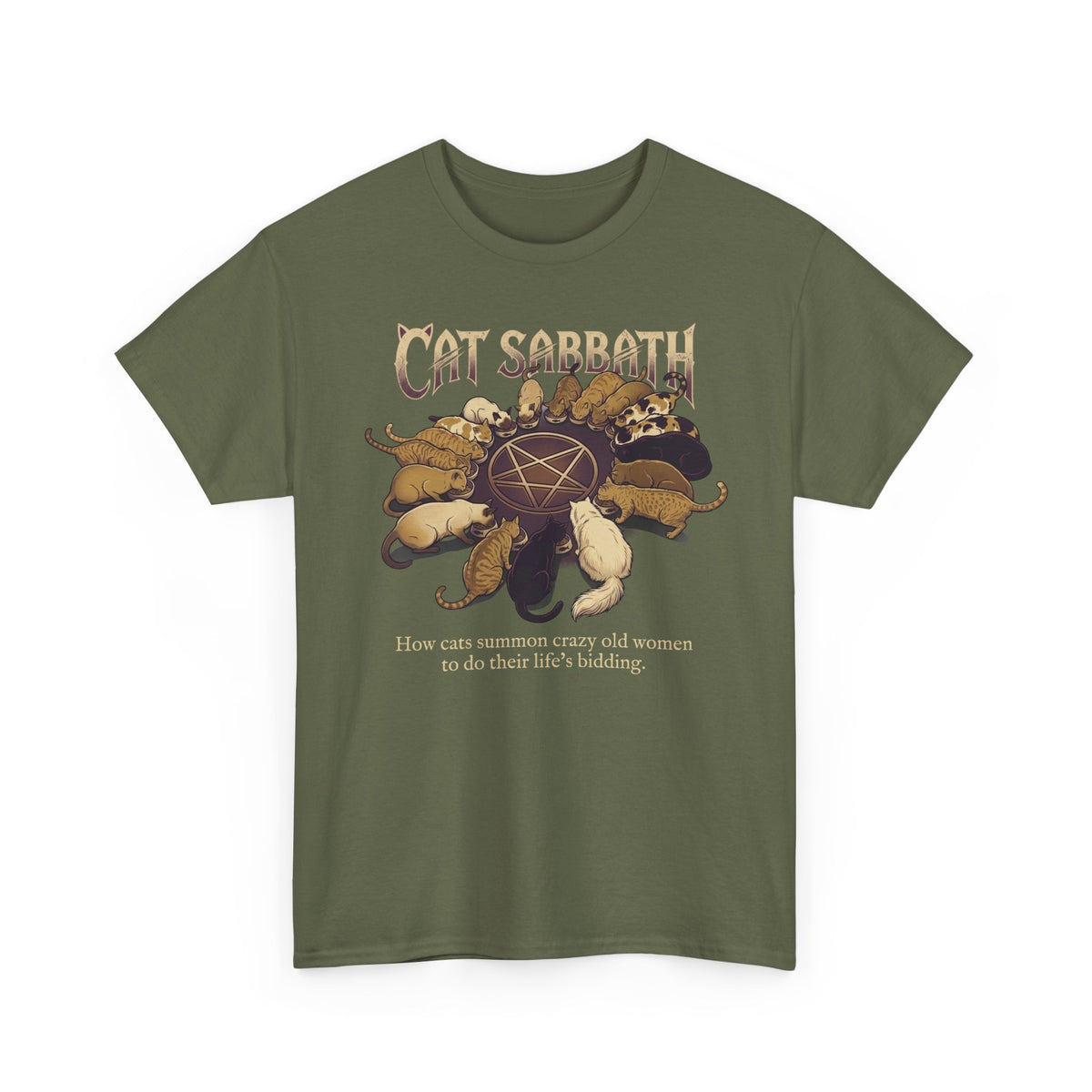 Cat Sabbath Tee — Vintage Occult Cat Shirt with How Cats Summon Crazy Old Women…