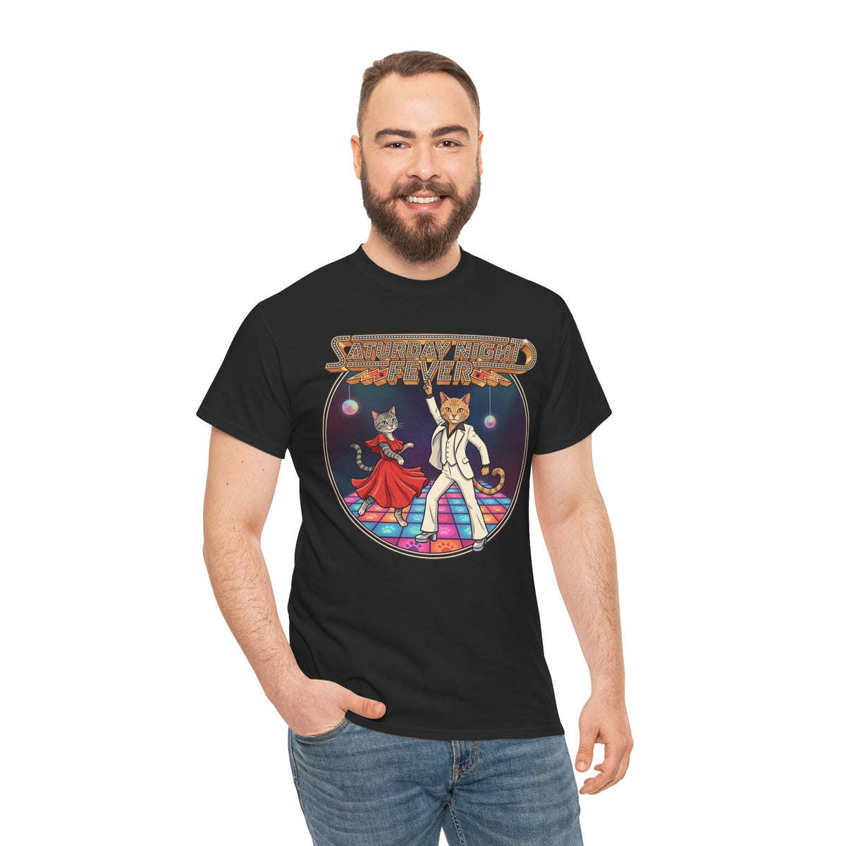 Disco Cats Dancing Tee — 'Saturday Night' Retro Funk Graphic T-Shirt