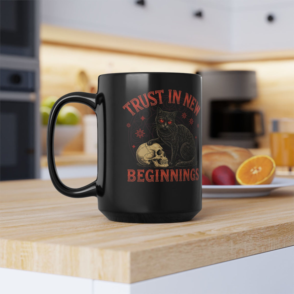 Trust In New Beginnings Cat Black Mug — Occult Black Cat Skull Gothic Mug