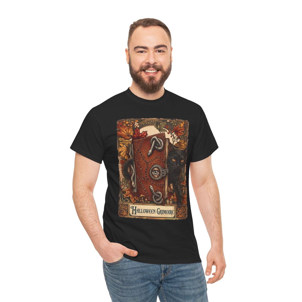 Halloween Grimoire Spellbook Black Cat T-Shirt — Witchy Autumn Magic Tee