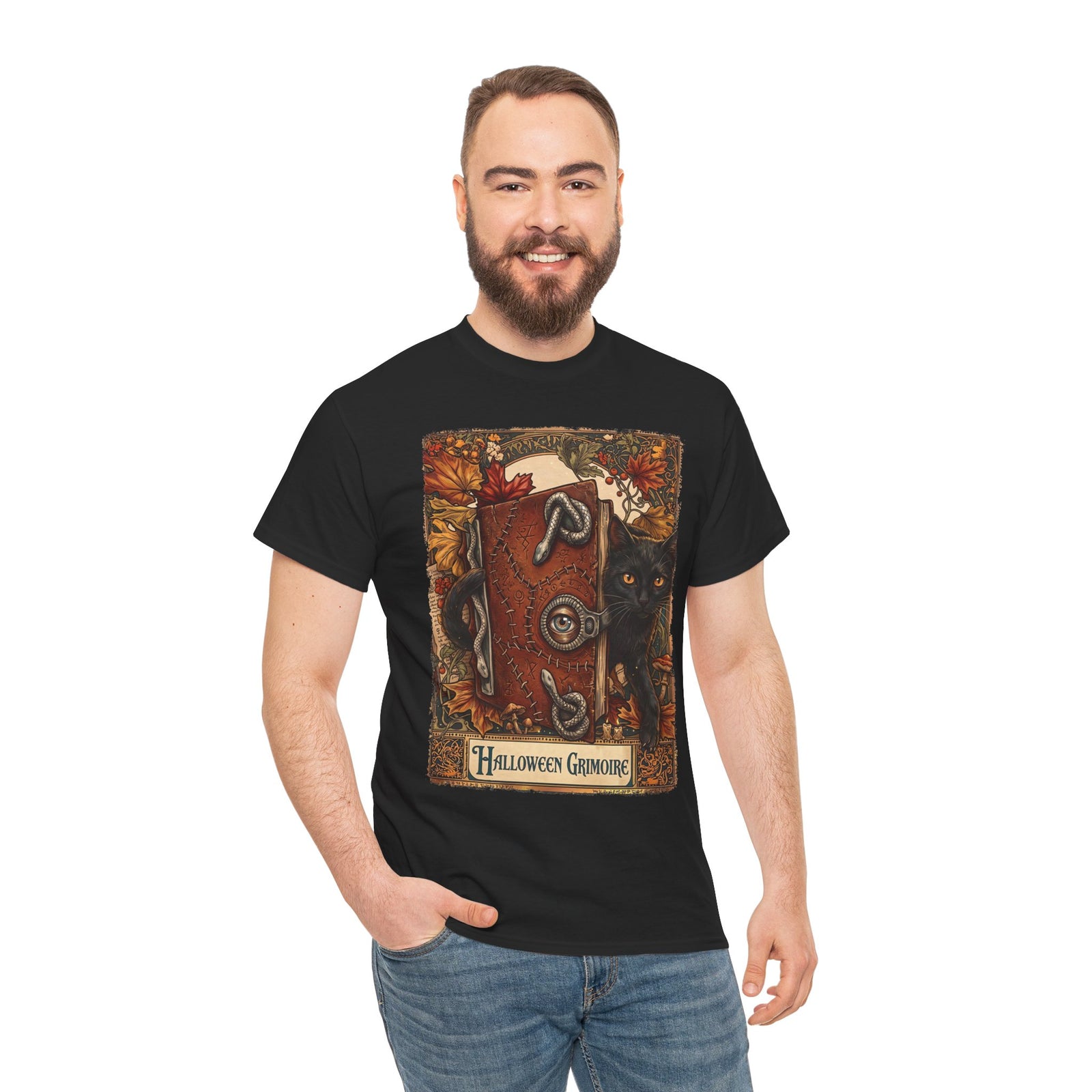 Halloween Grimoire Spellbook Black Cat T-Shirt — Witchy Autumn Magic Tee