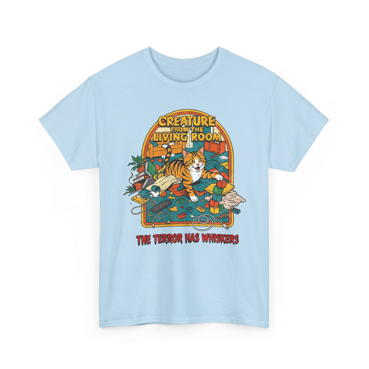 Cozy Living Room Cat Tee — Retro Sunlit Illustration Graphic Shirt